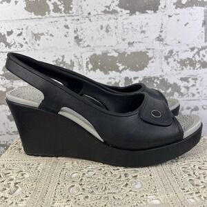 Crocs Havana Sz 10 Black Slingback Platform 3.5 Inch Wedge Heel Peep Toe Sandal
